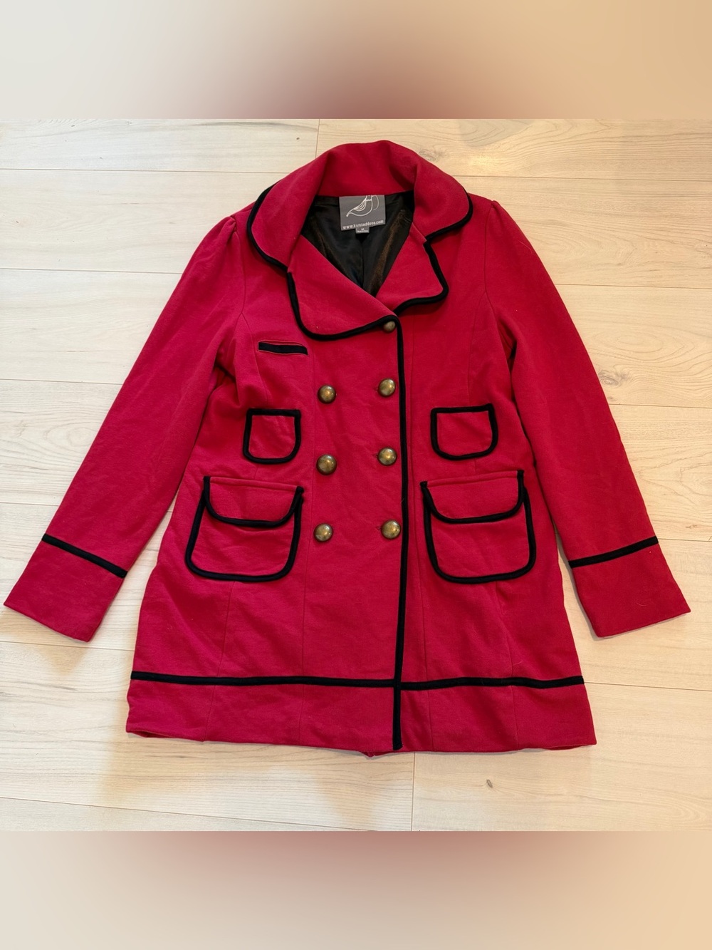 Knitted Dove Red Double-Breasted Pea Coat with Black Trim